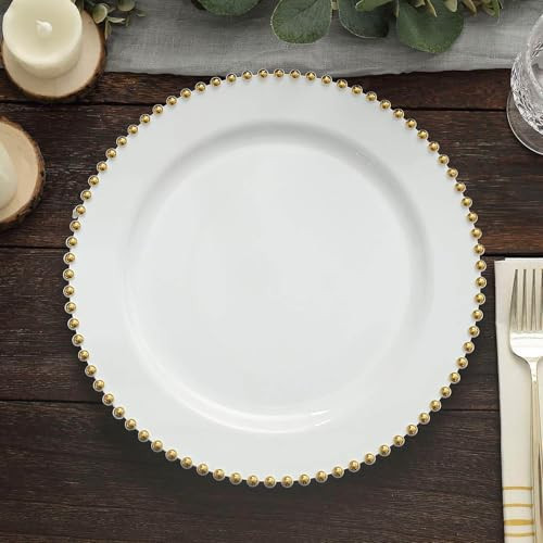 TCF Linen 10" Dinner Plates - Set of 10 - Plastic White/Gold Round Disposable Plate Beaded Rim, Ideal for Decoration Party Wedding Bulk Events | Amazon (US)
