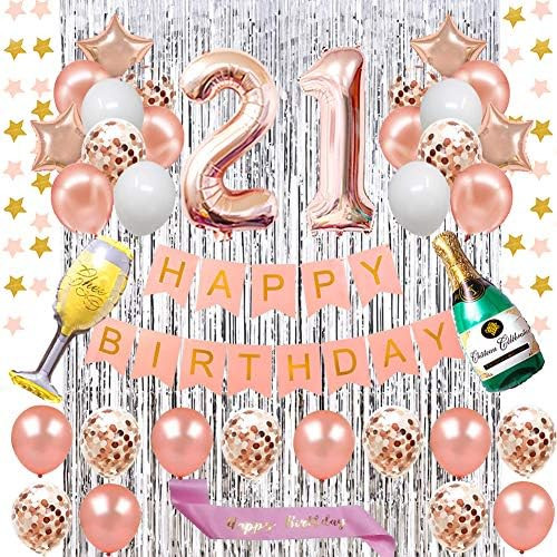 Fancy 21ST Birthday Decorations - Rose Gold Happy Birthday Banner and Rose Gold Number 21 Balloons L | Amazon (US)