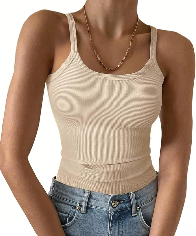 Ribbed Tank Tops for Women 2026 Spaghetti Strap Scoop Neck Slim Fitted Basic Sleeveless Casual Wo... | Amazon (US)