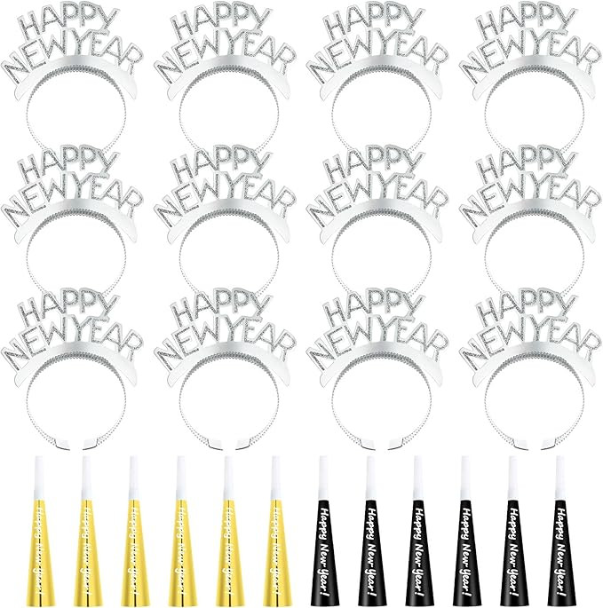 Shappy 24 Pcs 2026 New Year Party Supplies Happy New Year Headband Horn Sounder Noisemakers Eve P... | Amazon (US)