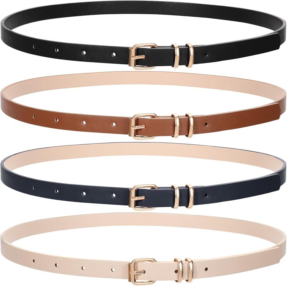 JASGOOD 4 Pack Skinny Women Leather Belt for Dresses Thin Waist Belt for Jeans Pants with Gold Bu... | Amazon (US)