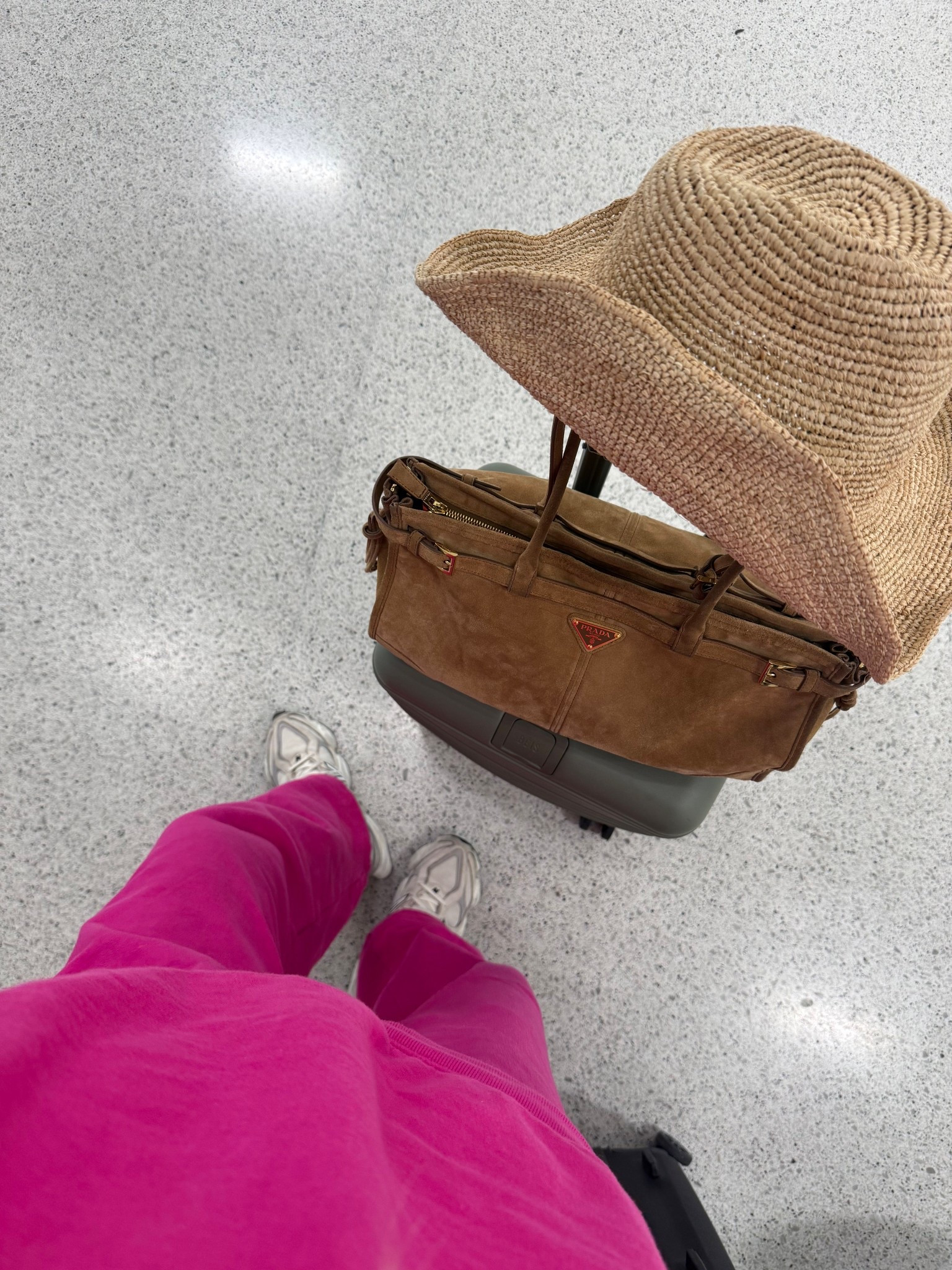 Straw cowboy hat I love for the pool / beach - big Prada suede bag for traveling & everyday bag - pink sweat suit that’s affordable & my favorite new balances & favorite carry on (also just the best suitcase in general) small in top & bottom color dragonfruit - outfit is on sale for $18 in pants & $25 in sweatshirt! 

#LTKootd #LTKTravel
