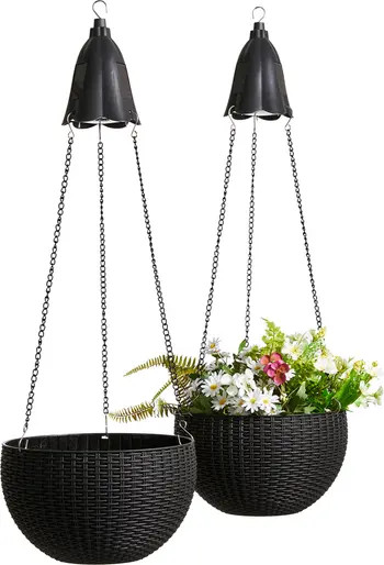 Glitzhome Set of 2 Solar Lighted Hanging Black Plastic Basket Planters | Nordstrom | Nordstrom