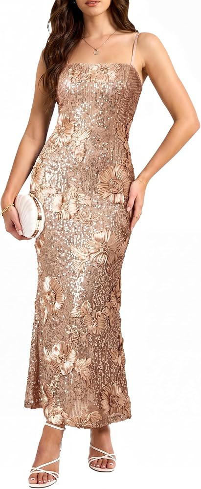 Women Floral Sequin Maxi Dress Wedding Guest Formal Cocktail Long Dress | Amazon (US)