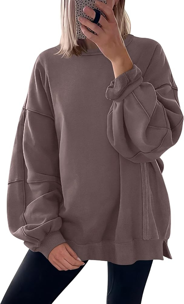 ANRABESS Women Oversized Long Sleeve Sweatshirts Crewneck Side Slit Loose Teen Girl Pullover Top ... | Amazon (US)