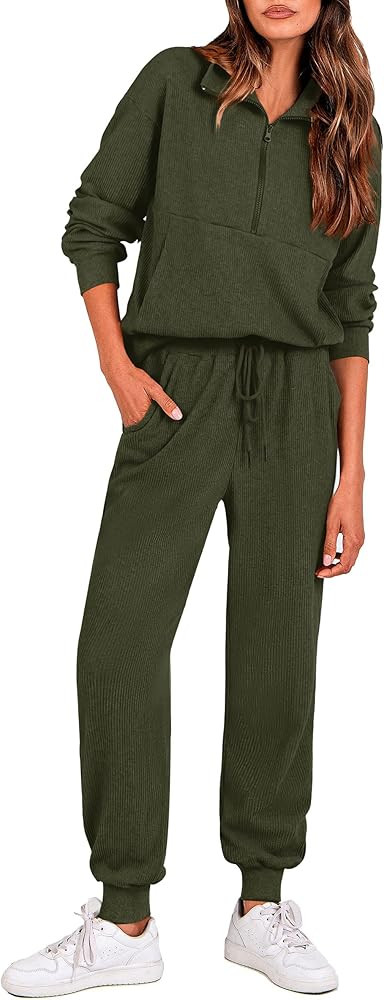 PRETTYGARDEN Womens 2 Piece Sweatsuits Set Long Sleeve Half Zip Pullover Sweatshirt Joggers Sweat... | Amazon (US)