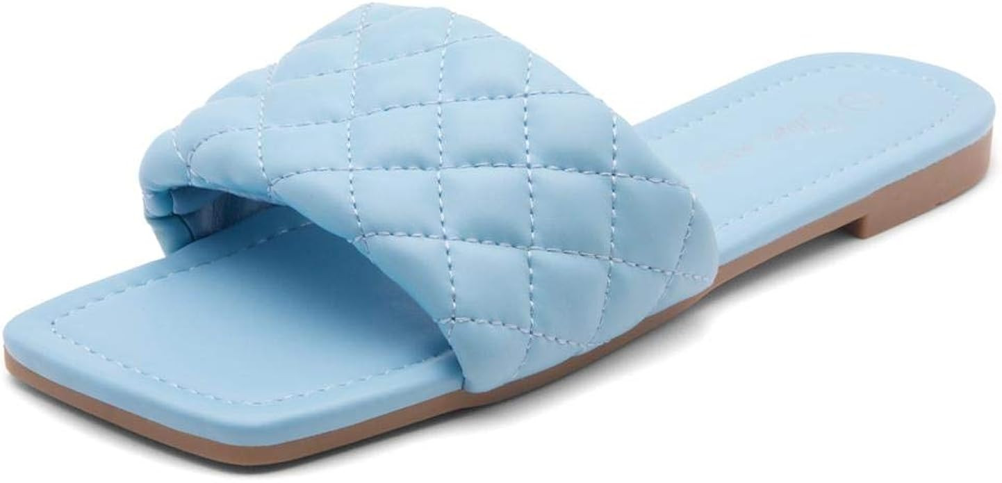 Shoe Land Anisha Women's Square Open Toe Slides Cute Quilted Single Band Slip on Flat Sandals | Amazon (US)