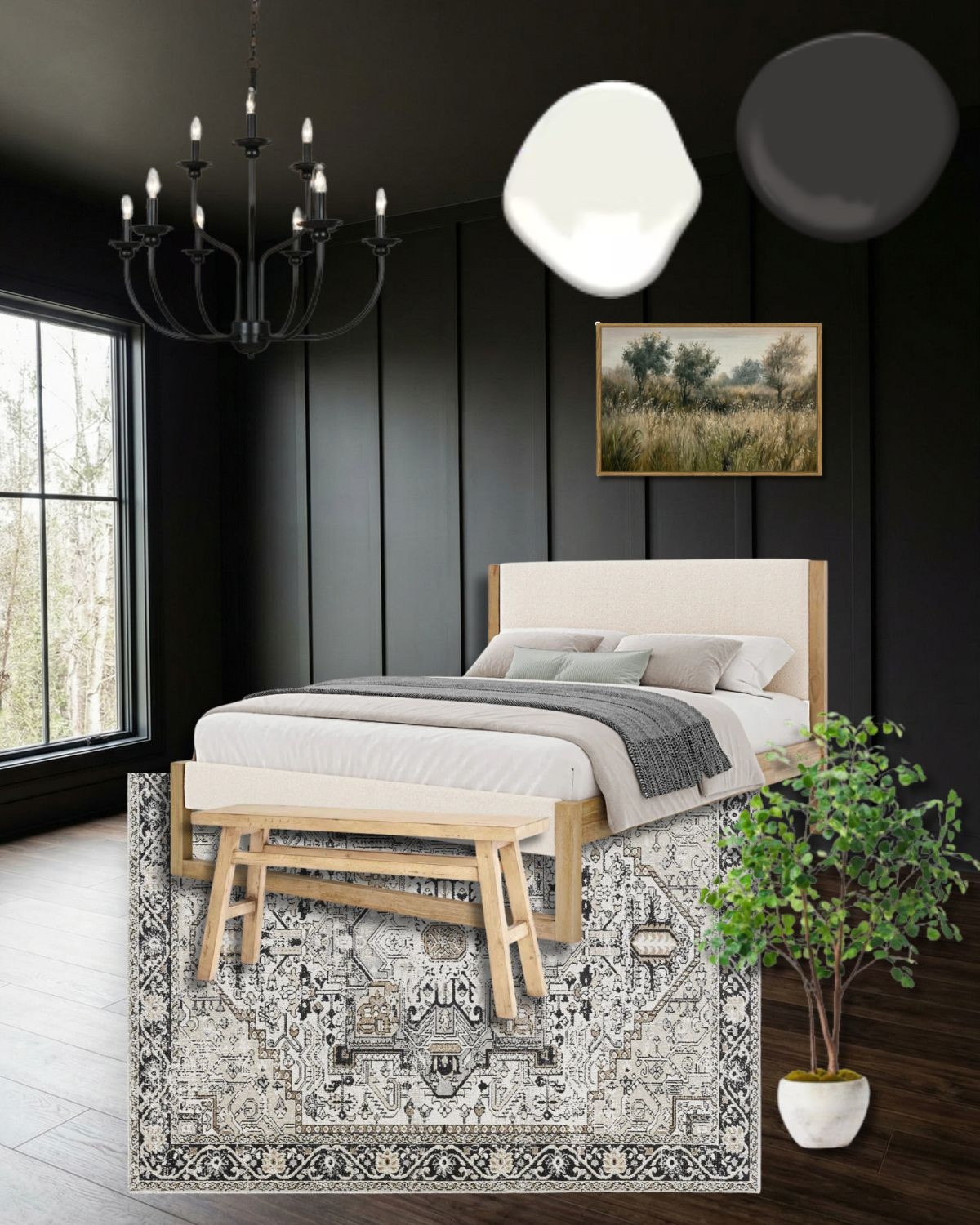 A dark bedroom palette with Benjamin Moore Black Beauty on the walls. If you want to paint the ceiling white, use BM White Dove. Keep the rest of the room light, with light soft furnishings and pale oak furniture 

 #LTKhome #LTKstyletip
