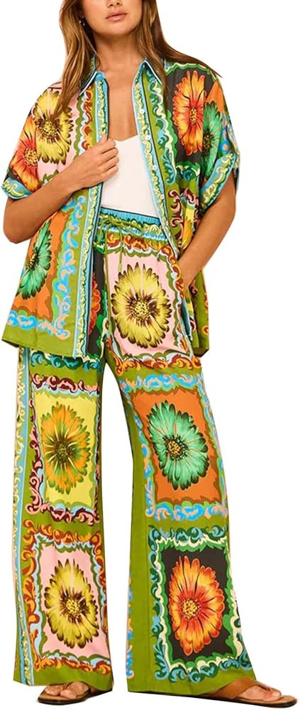 2 Piece Outfits for Women Short Sleeve Button Down Shirt Top Wide Leg Pants Sets Boho Print Pajam... | Amazon (US)