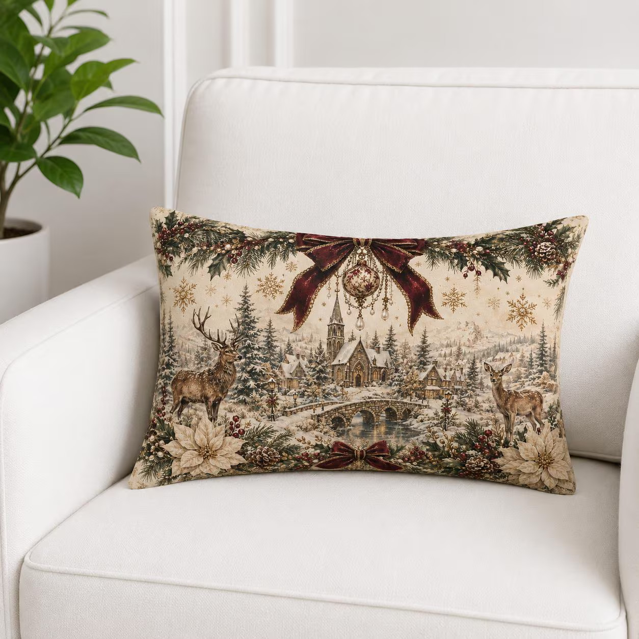 Vintage Christmas Village Lumbar Pillow, Woodland Deer, Burgundy Bow, Victorian Holiday Decor | Etsy (Global)