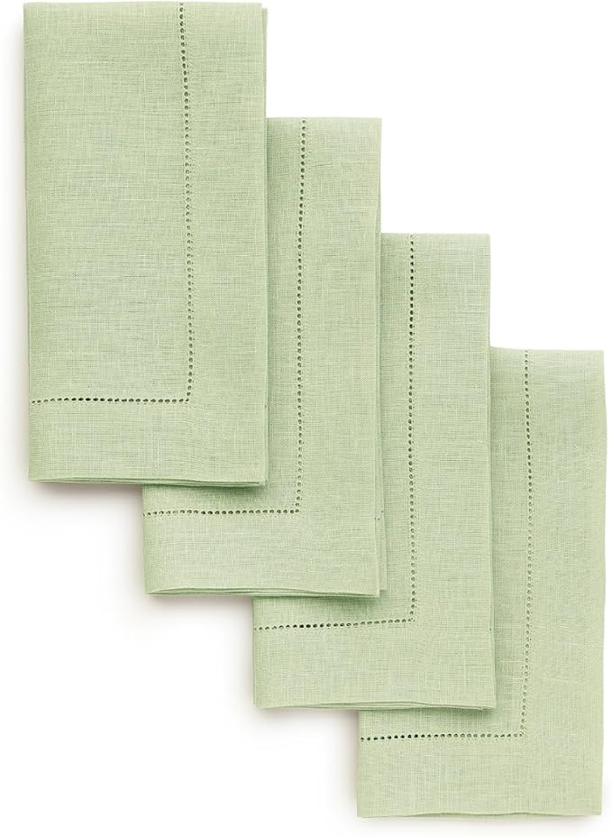 Solino Home Linen Napkins Set of 4 - Classic Hemstitch 100% Pure Linen Sage Green Dinner Napkins ... | Amazon (US)