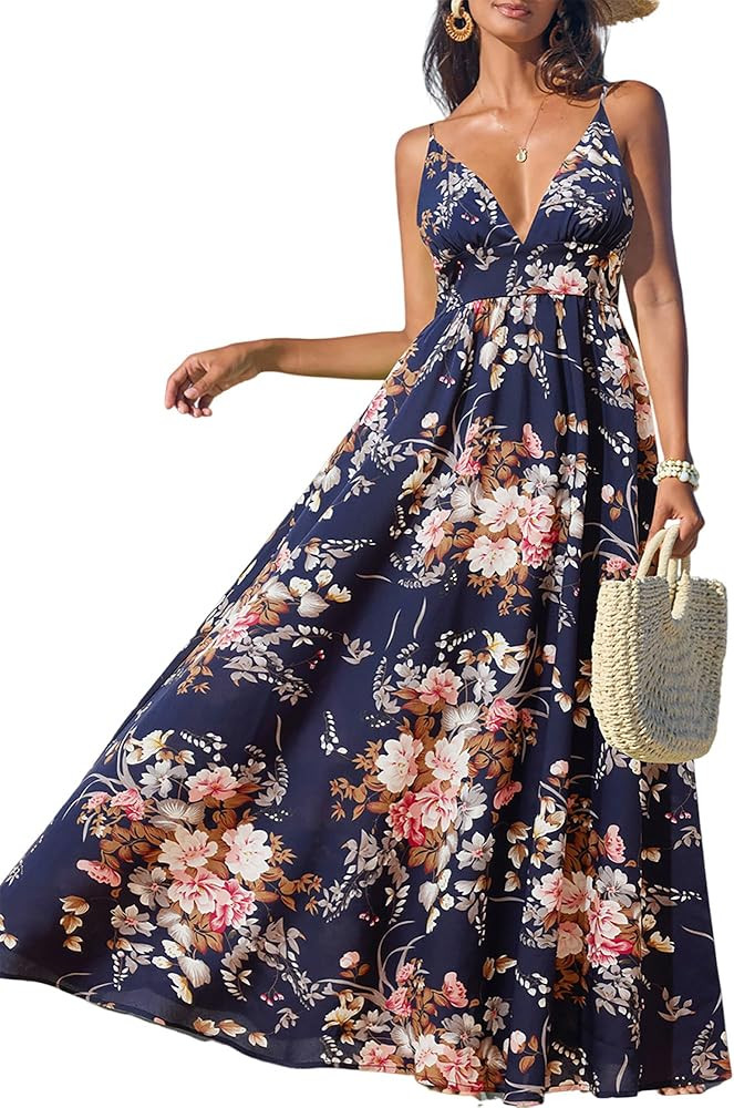 CUPSHE Women's Summer Dresses Casual Spring V Neck Sleeveless Floral Beach Vacation Long Spaghett... | Amazon (US)