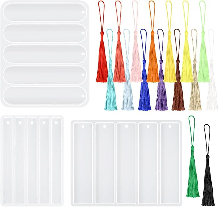 Bilkeru 3 Piece Set Bookmark Resin Mold and 16 Pcs Tassels Bulk, Small Medium Rectangle Silicone ... | Amazon (US)