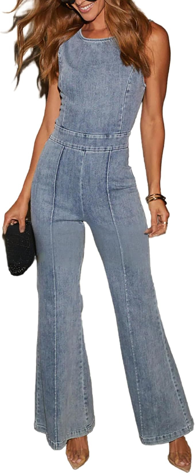 Denim Jumpsuit for Women Formal Back Tie Crew Neck Pants Rompers Business Streetwear | Amazon (US)