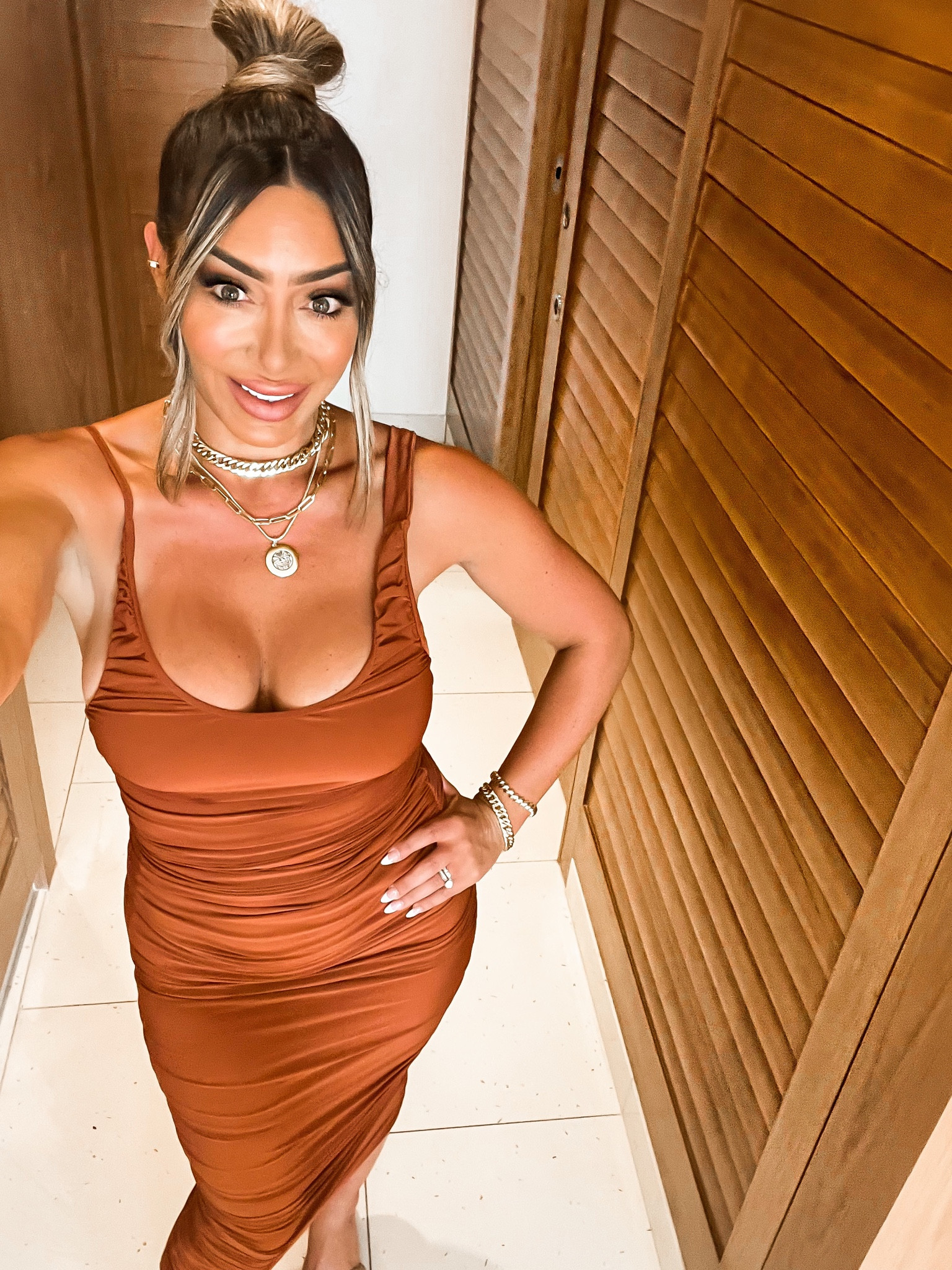 You NEED this slinky brown dress🤎🤎🤎🤎 sooo flattering. And all of my chunky gold jewelry from my favorite brand is on sale! 🌟✨

My shoes are sold out. But linking a ton of cute options. 👡

#LTKunder100 #LTKshoecrush #LTKtravel