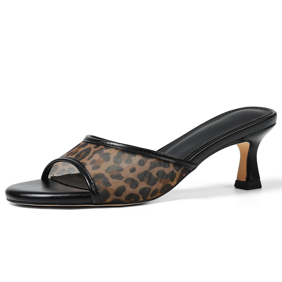 VOMIRA Heeled Sandals for Women Round Open Toe Slip On Kitten Heels Slides Sandals Leopard Mesh B... | Amazon (US)