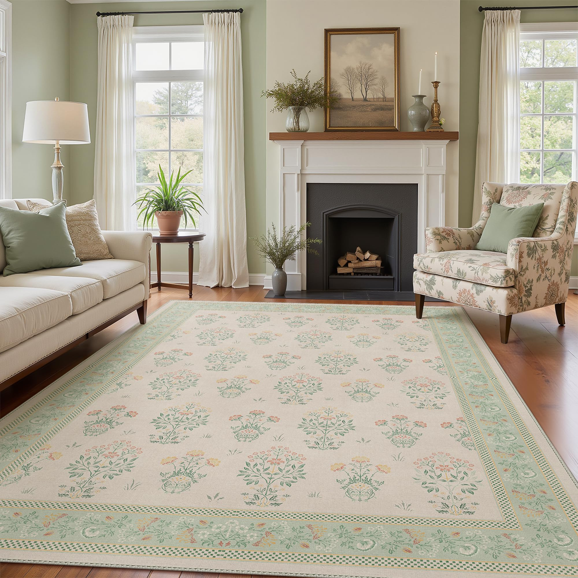 GENIMO 8x10 Vintage Floral Area Rug, Soft Microfiber Washable Rug with Non-Slip Backing, Green Ca... | Amazon (US)