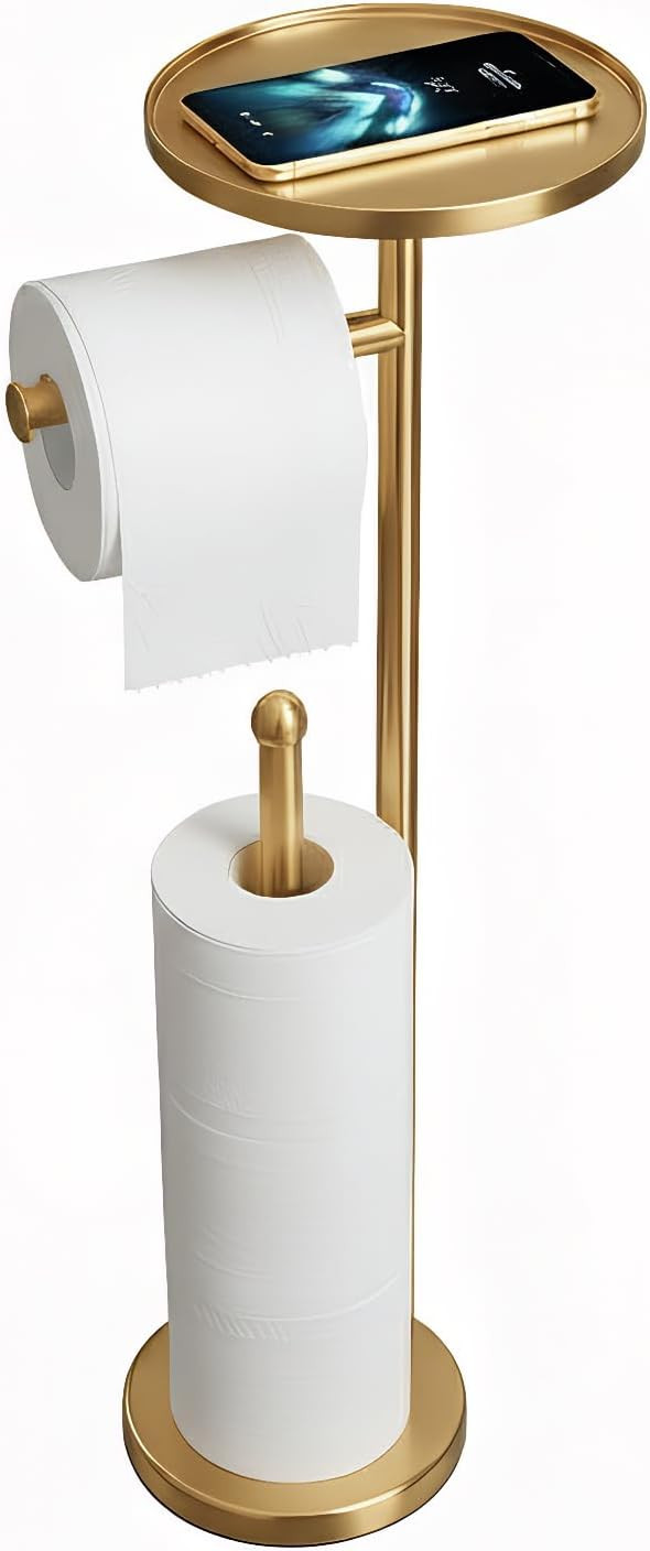 Gold Toilet Paper Holder with Shelf, Tissue Roll Holder Stand with Storage for Holding Extra 4 To... | Amazon (US)