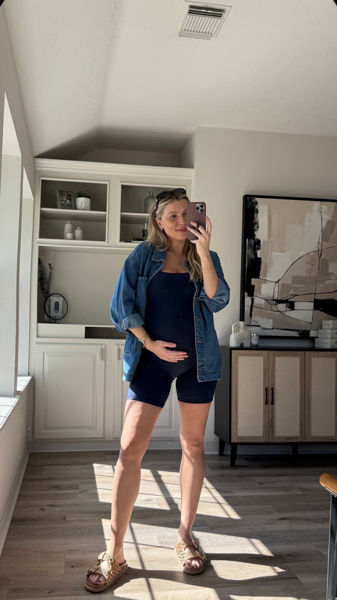 Bump Friendly Athleisure Outfit | this romper is so comfy and perfect with the bump. Wearing size M in the romper and denim jacket. Sandals fit tts. 

#LTKBump #LTKStyleTip