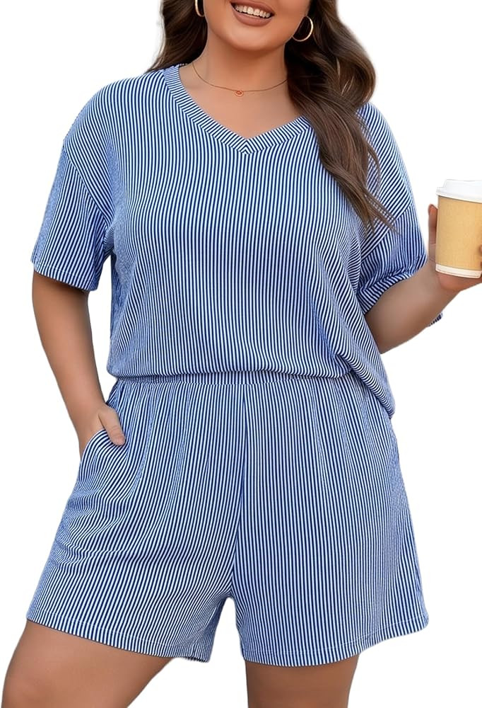 Charmo Women's 2 Piece Plus Size Short Sets Ribbed Textured Knit Short Sleeve Top and Shorts 2026... | Amazon (US)