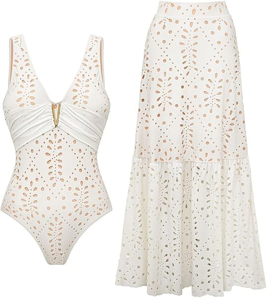 FLAXMAKER Solid One Piece V Neck Laser Cutting Flower Swimsuit and Skirt | Amazon (UK)