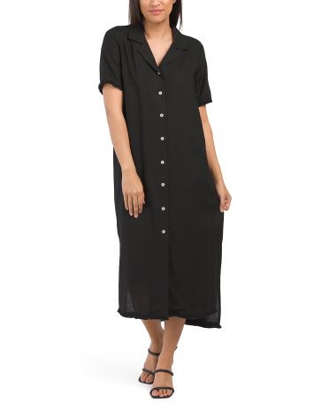 Button Front Collared Fringe Bottom Linen Blend Dress | TJ Maxx