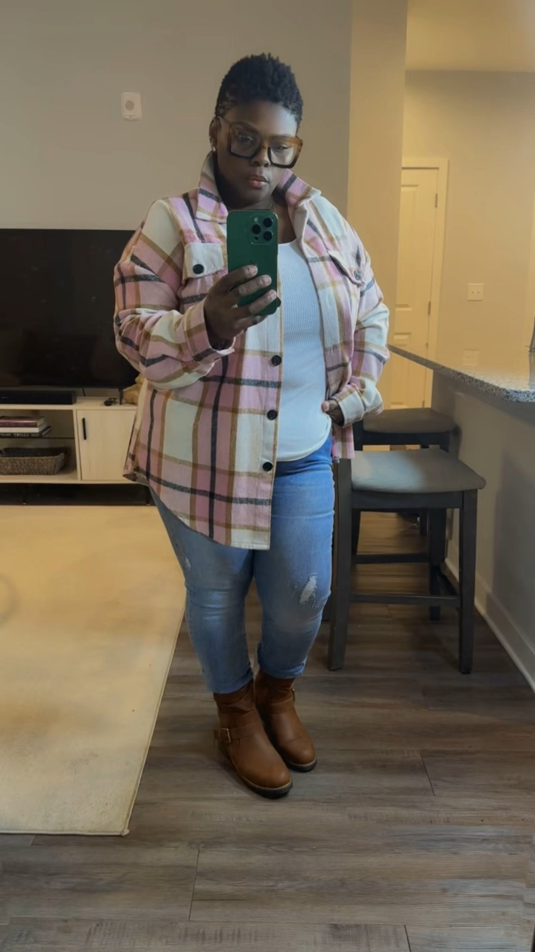 My fall fit of the day!  it’s the perfect shacket.  Pink for the fall! I love it. #plussizeootd #plussizefallfashion #shacket #plaidsjacket #plaidshirts  #bootootd  

#LTKootd #LTKOver40 #LTKPlusSize