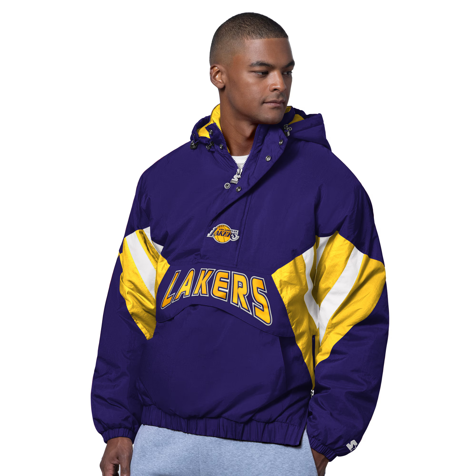 Los Angeles Lakers Starter The Line Up Oxford Crinkle Half-Zip Hooded Jacket - Purple | Fanatics