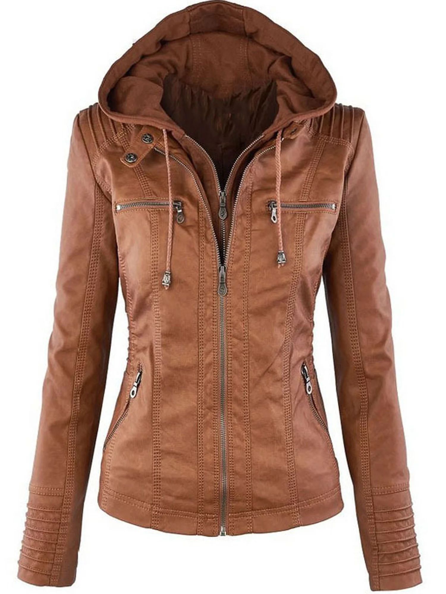 Women's PU Leather Motorcycle Biker Hooded Zipper Retro Outerwear Jacket Coat - Walmart.com | Walmart (US)