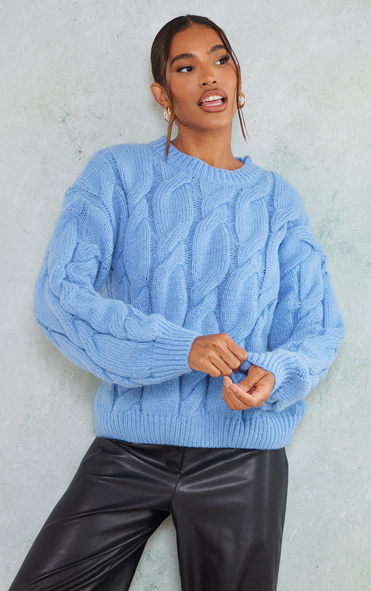 Bright Blue Chunky Cable Knit Sweatshirt | PrettyLittleThing US