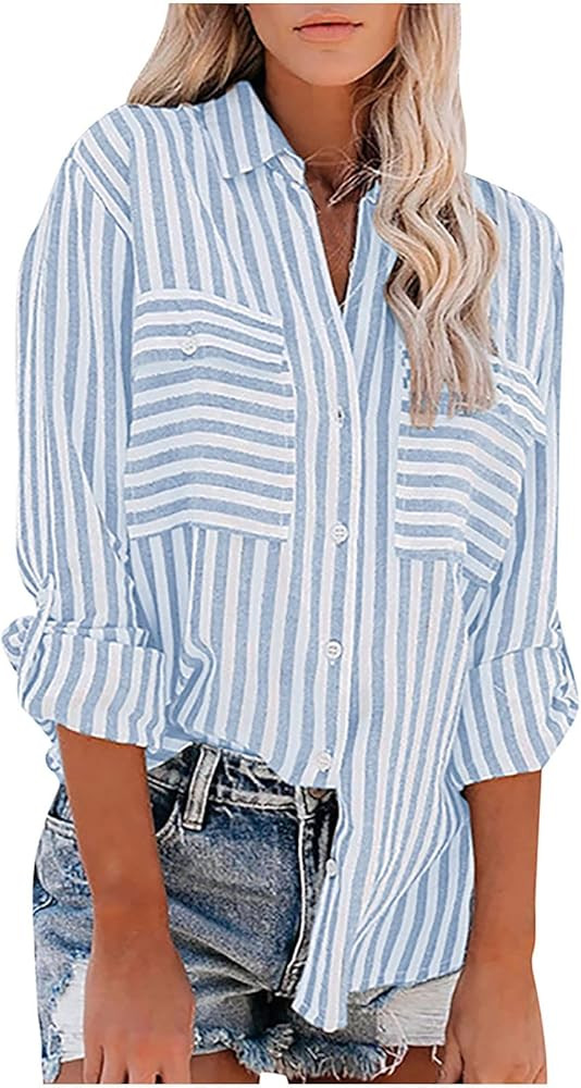 Women's Striped Button Up Blouse Trendy Business Tops Dressy Soft Cotton Linen Tops Casual Long S... | Amazon (US)