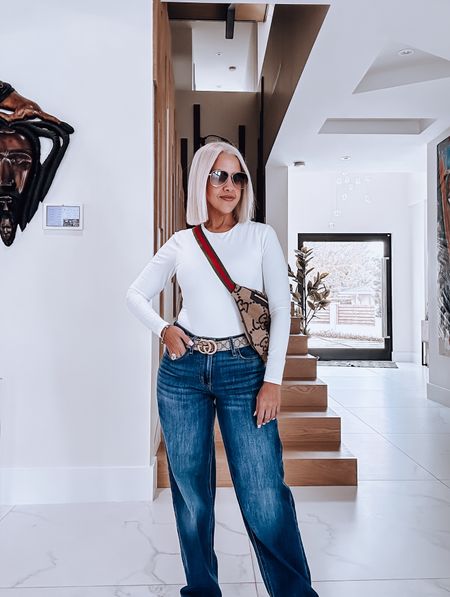 Gucci bumbag, white bodysuit, wide leg jeans, Gucci sunglasses, spring fashion, spring style

#LTKstyletip #LTKfindsunder50