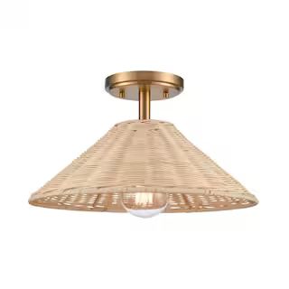 Titan Lighting River 14 in. W 1-Light Brushed Gold Semi Flush Mount with Rattan Shade HD-22110904... | The Home Depot