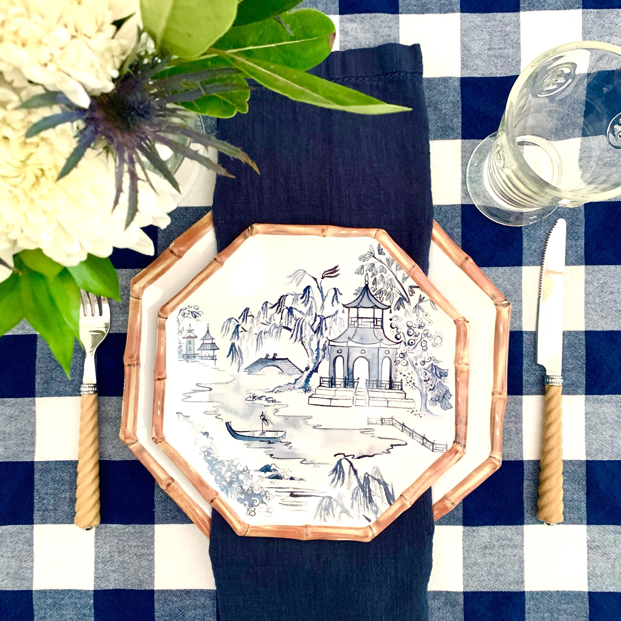 Buffalo check tablecloth, linen napkins, melamine plates, La Rochere glasses, blue and white table setting 

#LTKhome
