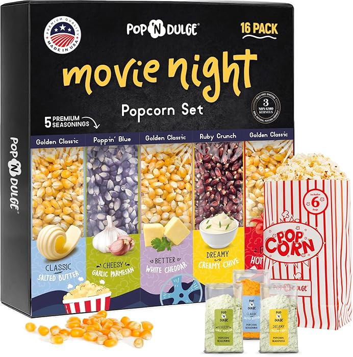 Pop n' Dulge Popcorn Movie Night Supplies 16 pcs Gift Set, 5 Gourmet Popcorn Kernels, 5 Seasoning... | Amazon (US)