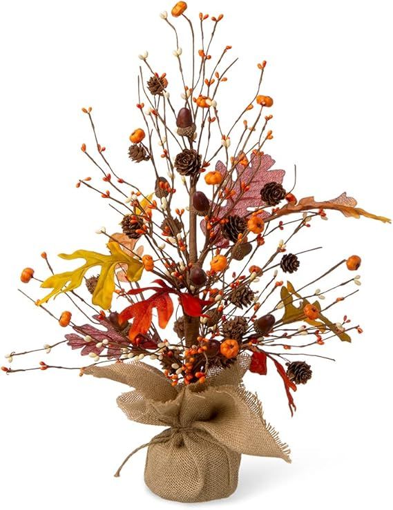Glitzhome 20”H Fall Harvest Pumpkins Table Tree with Burlap Base Decorative Berries Leaves Tree... | Amazon (US)