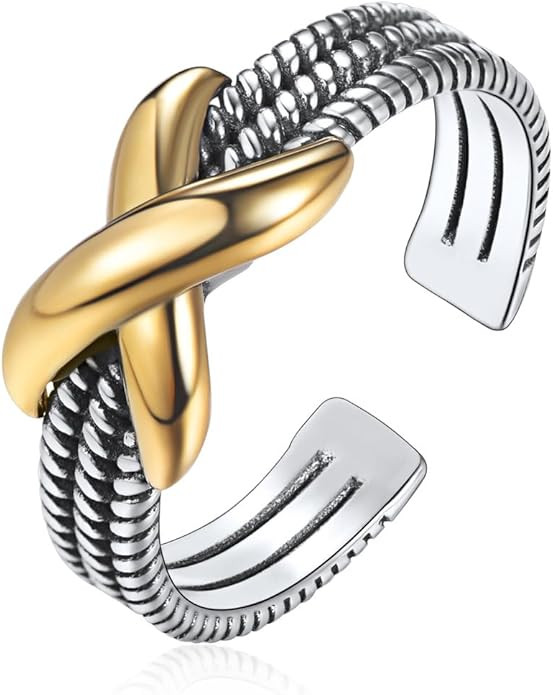 ChicSilver Retro Cuban Link Chain/Criss Cross Rings 925 Sterling Silver and Brass Oxidized Ring O... | Amazon (US)