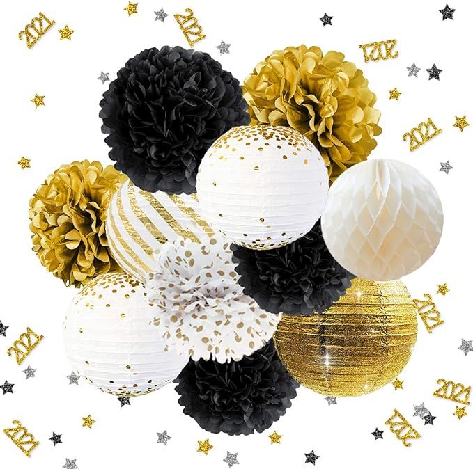 NICROLANDEE New Years Eve Party Supplies - 12PCS Black Gold Tissue Pom Poms Hanging Paper Lantern... | Amazon (US)