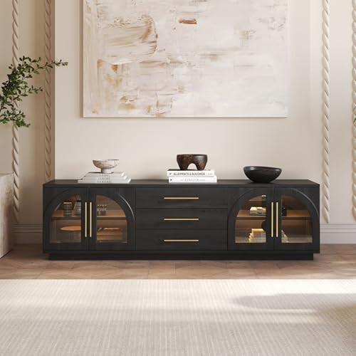 homary 72" TV Stand for 75 Inch TVs, Modern LED Entertainment Center with Arched Glass Doors, Sto... | Amazon (US)