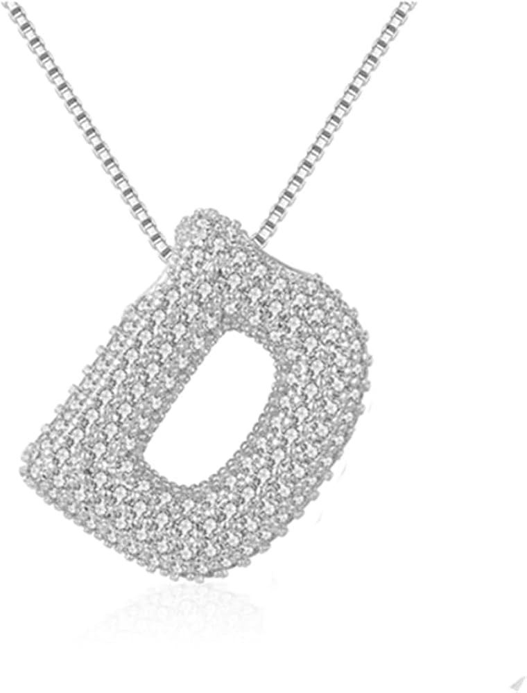 Bubble Letter Necklace Gold for Women\uff0cCharm Balloon Initial Letter Pendant Zirconia Inlaid N... | Amazon (US)