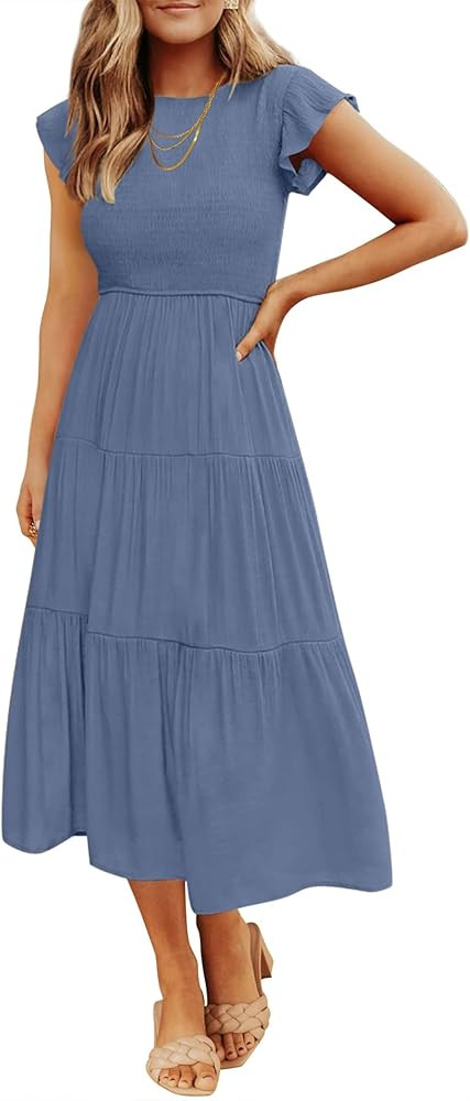 ZESICA Women's 2024 Summer Casual Flutter Short Sleeve Crew Neck Smocked Elastic Waist Tiered Mid... | Amazon (US)