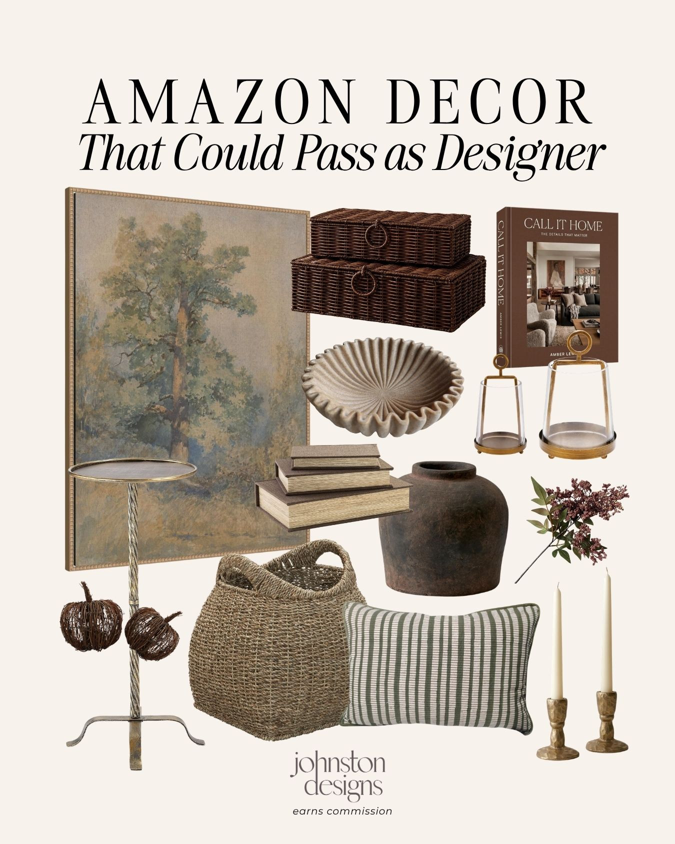High-end look on a budget with home decor that could pass as designer. ✨ Styled with vintage-inspired framed tree art, a textured terracotta urn, fluted stone bowl, and woven rattan baskets, this chic collection blends warmth and sophistication with striped lumbar pillows, brass hurricane lanterns, and elegant coffee table books.

Amazon designer dupe decor, vintage framed tree canvas print, dark terracotta urn vase, fluted stone decorative bowl, woven rattan storage boxes, brass drink accent table, striped lumbar pillow, woven seagrass storage basket, brass hurricane glass candle holders, Call It Home coffee table book, high end home decor on a budget, women’s Amazon home decor

#amazonfinds #amazonhome #designerdupes #homedecor #vintagehomedecor #neutraldecor #cozyhome #interiorstyling #budgetdecor #aestheticdecor 

 #LTKHome