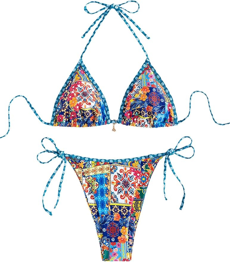 Women's 2 Piece Floral Bikini Boho Halter Triangle Bikini Set Tie Back Swimsuit Bathing Suit Beac... | Amazon (US)