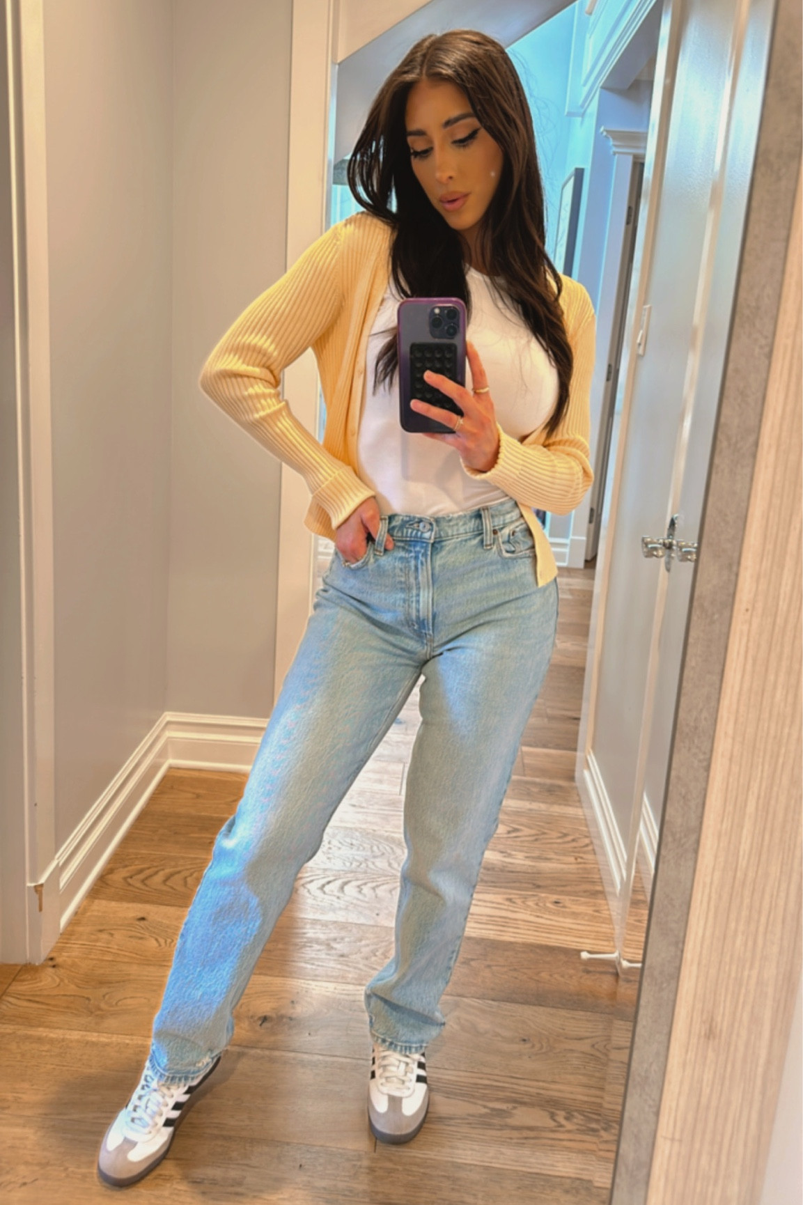 Easy everyday outfit #cardigan #jeans #abercrombiejeans #tshirt #adidas 

#LTKfindsunder50 #LTKover40 #LTKSpringSale