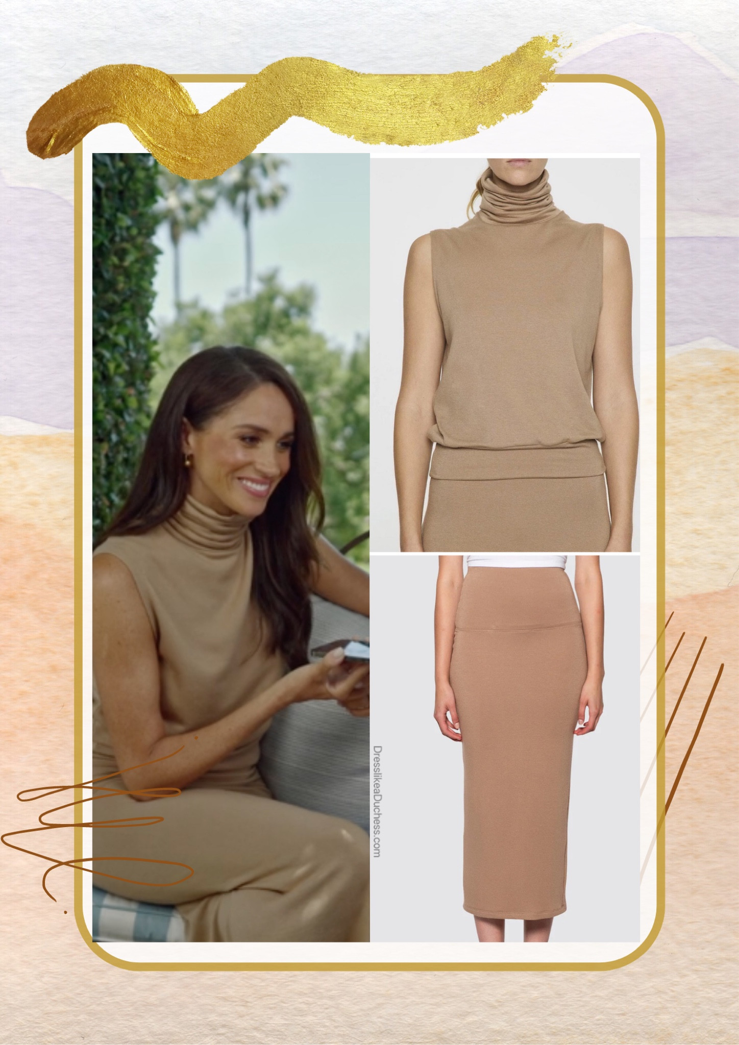 Meghan Markle in Bleusalt separates and Lanvin earrings #camel #skirt #workwear 