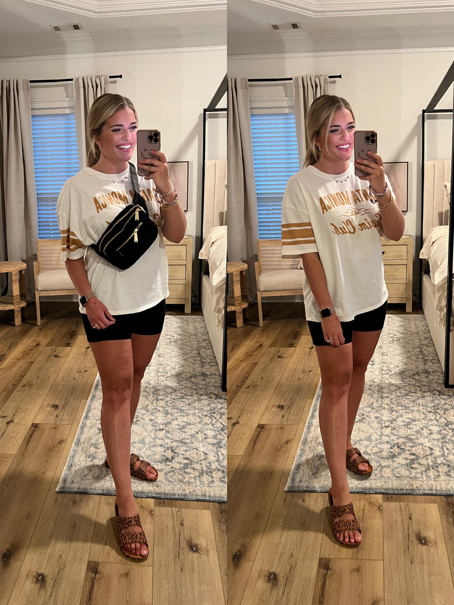 OOTD! Top so cute and comfy - overs83: fit. TTS - M 
Fave bike shorts. Buttery soft. Lululemon align dupe. 5” tts - M 
Leopard slides so comfy - tts 

#LTKshoecrush #LTKunder50 #LTKsalealert
