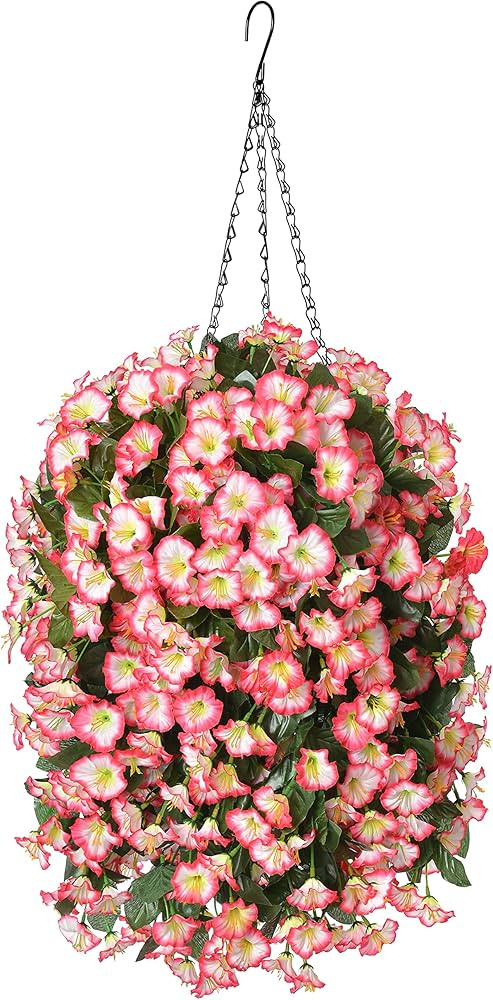 Artificial Fake Hanging Flowers Plants Basket for Outdoor Spring Decoration, Faux Silk Pink Morni... | Amazon (US)