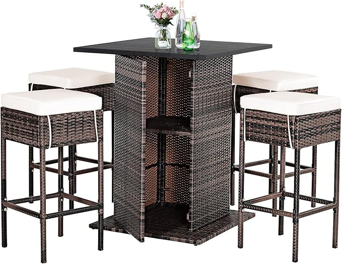 Tangkula 5 Piece Outdoor Rattan Bar Set, Patio Bar Furniture with 4 Cushions Stools and Smooth To... | Amazon (US)
