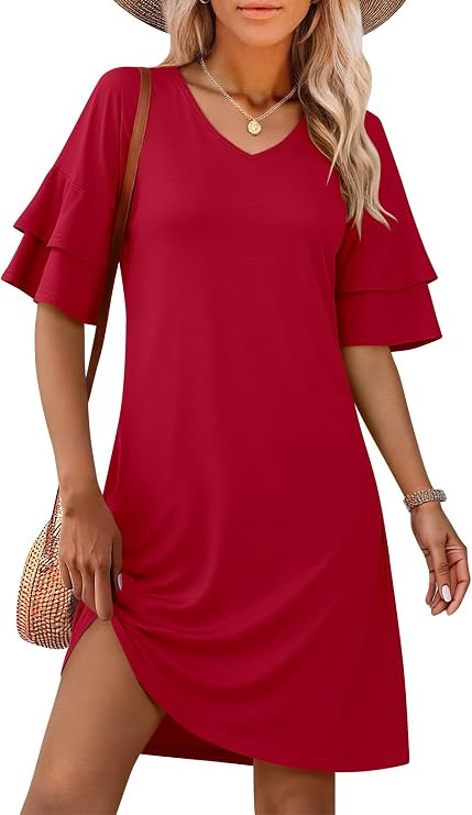 ANRABESS Womens Summer Dresses 2026 Ruffle Sleeve V Neck Casual A Line Tshirt Mini Dress Beach Va... | Amazon (US)