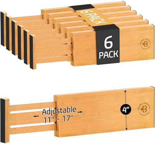 6 Pack Drawer Dividers 4 Inch High, 11”-17" Adjustable Bamboo Organizers Large Expandable Drawe... | Amazon (US)